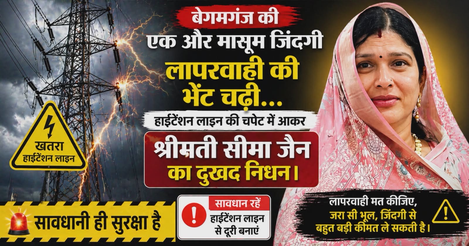 दुखद घटना.. हाइटेंशन लाइन बनी मौत का कारण, गल्ला व्यापारी की पत्नी श्रीमती सीमा जैन की दर्दनाक मौत